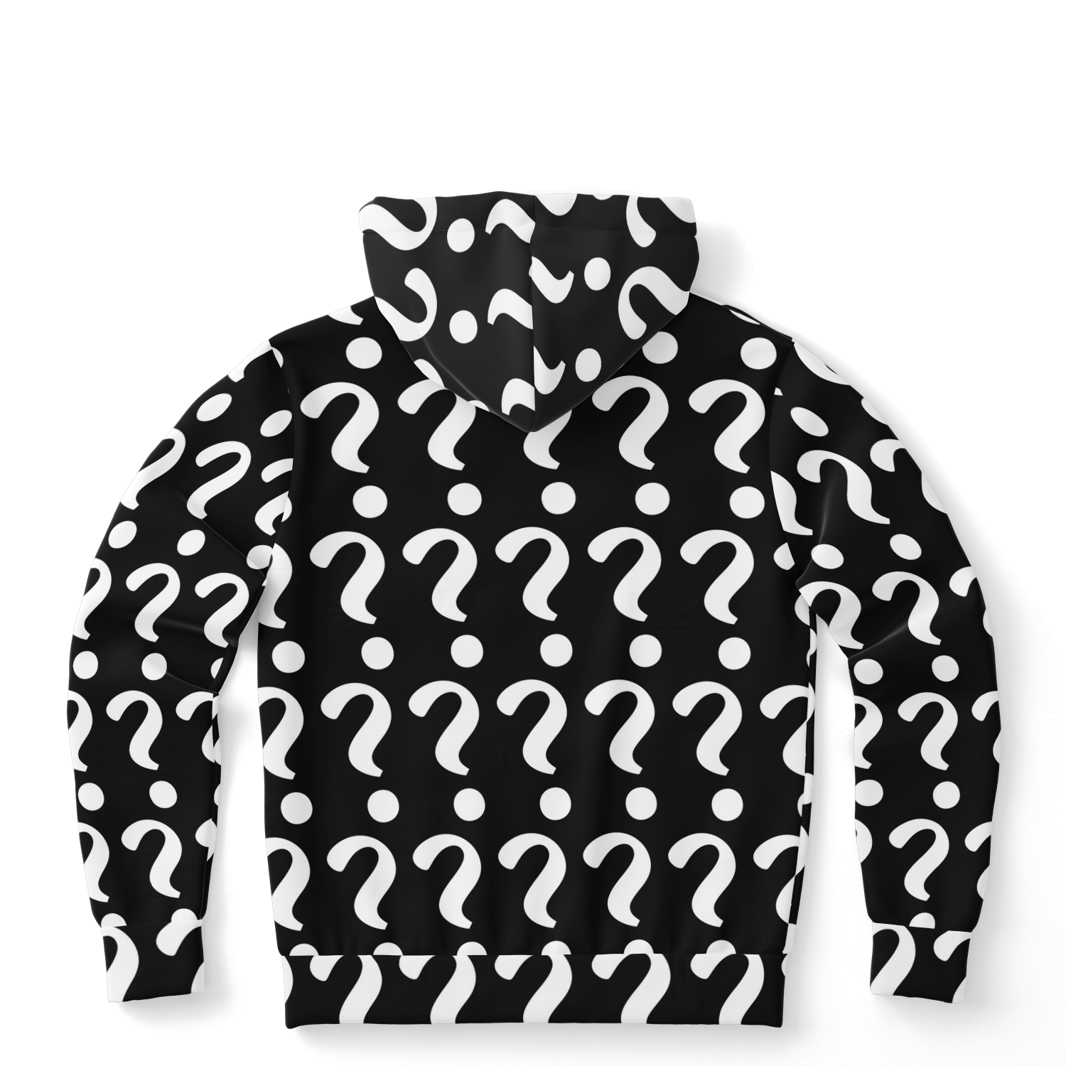  Flatlay back view of Custom Print Hoodie with customizable print area in question mark pattern