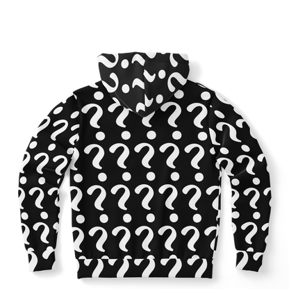  Flatlay back view of Custom Print Hoodie with customizable print area in question mark pattern