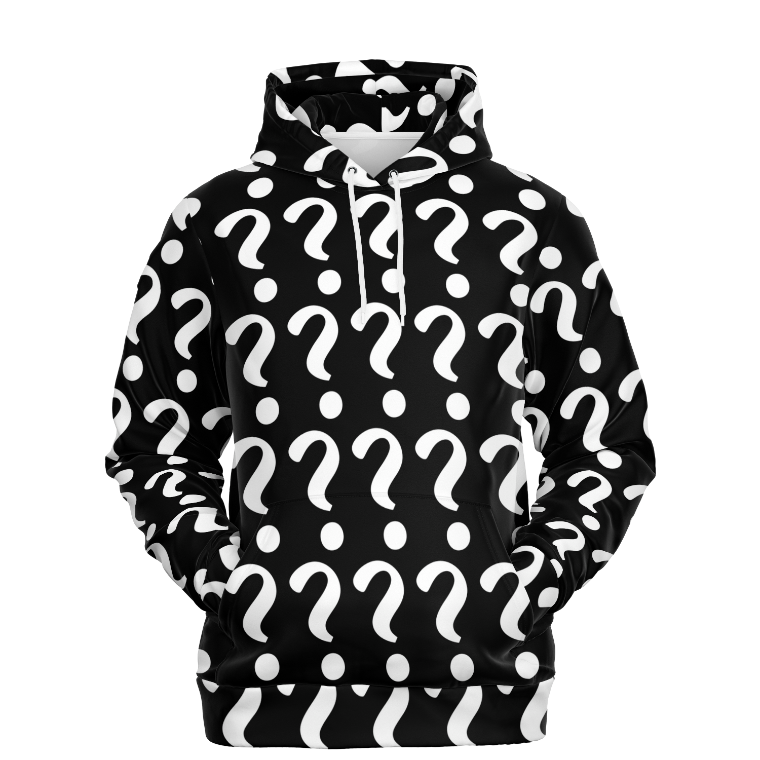  Front hanging view of Custom Print Hoodie displaying mockup pattern for user-uploaded graphics