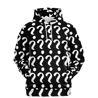  Front hanging view of Custom Print Hoodie displaying mockup pattern for user-uploaded graphics