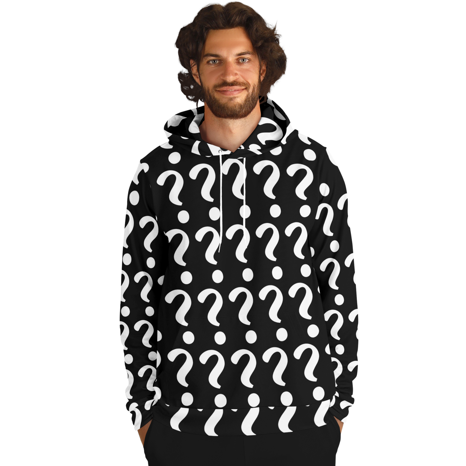  Male model in Custom Print Hoodie, front view with bold question mark template for personalization