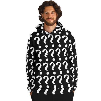  Male model in Custom Print Hoodie, front view with bold question mark template for personalization