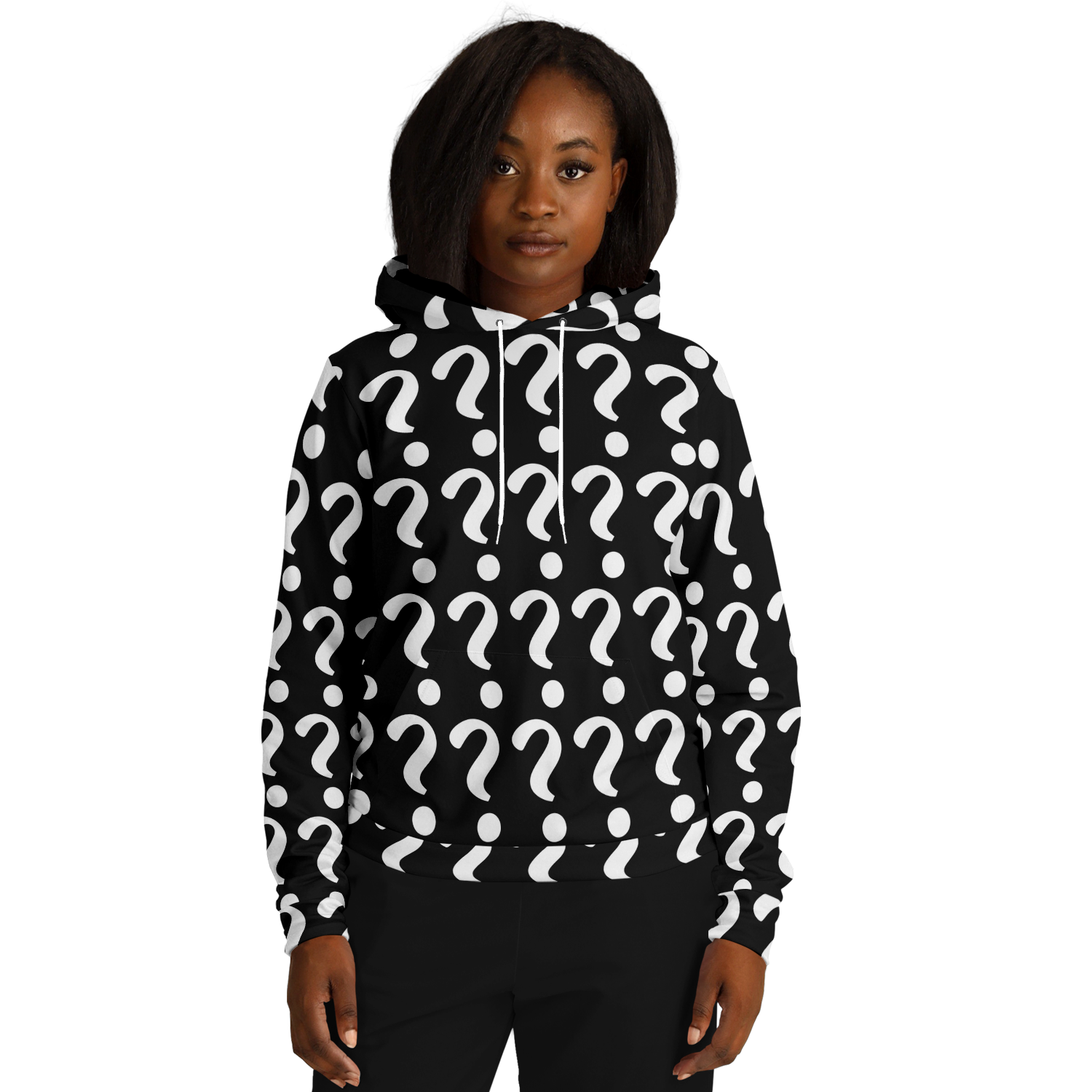  Woman wearing Custom Print Hoodie, front view with placeholder design for personalized artwork
