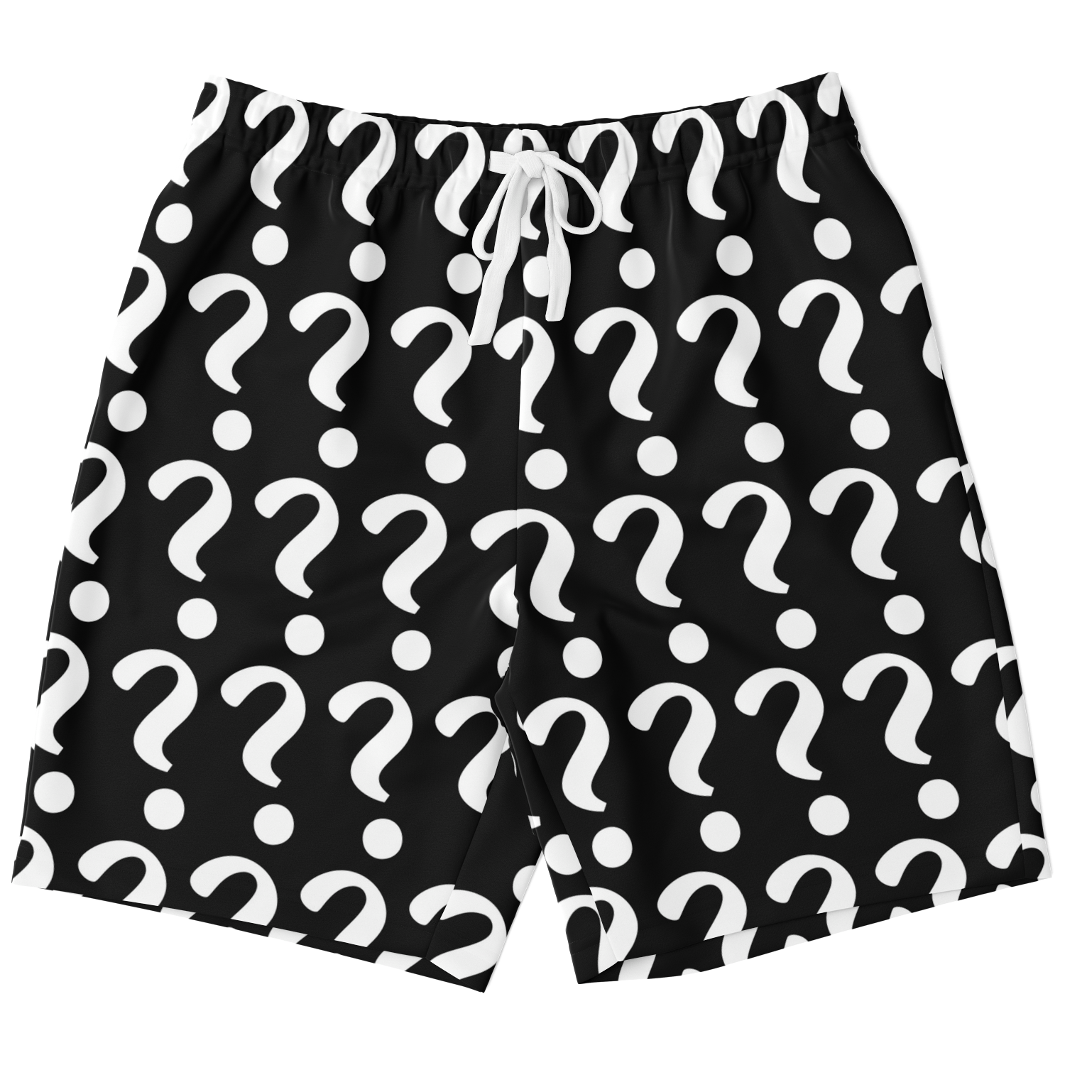  Flatlay front view of Custom Print Shorts with question mark placeholders for unique customer design