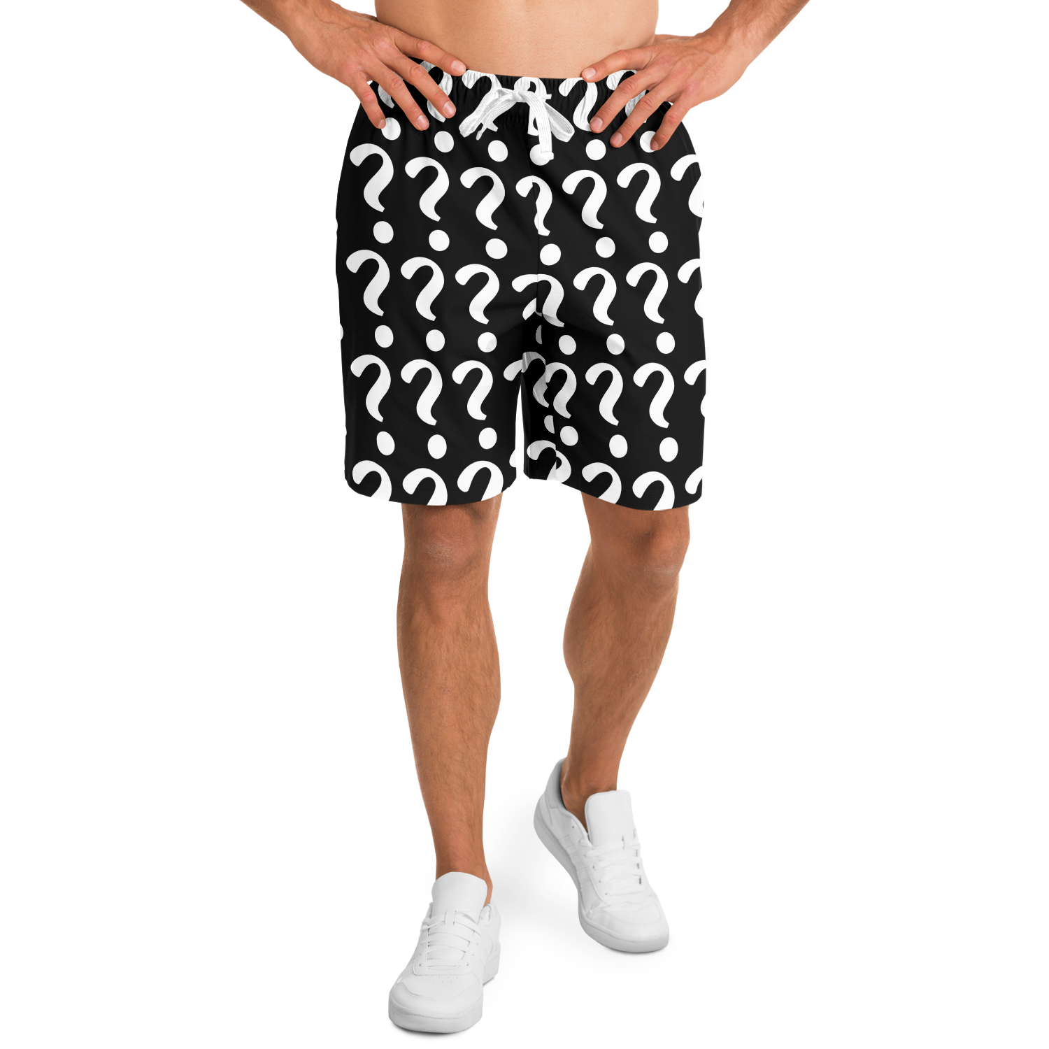 Forward walking pose of model wearing Custom Print Shorts with all-over mockup