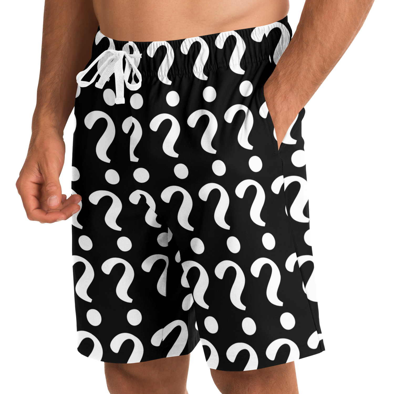 Side view of Custom Print Shorts with hand-in-pocket showing personalized print area
