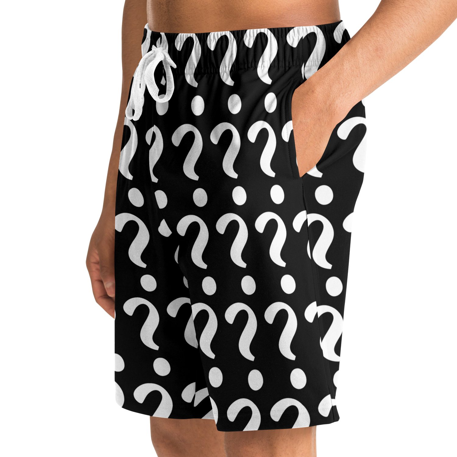  Side view of male model wearing Custom Print Shorts with hand in pocket and question mark placeholders for custom design
