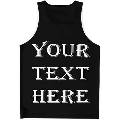 Black tank top shown flat from the back with space for your own custom message
