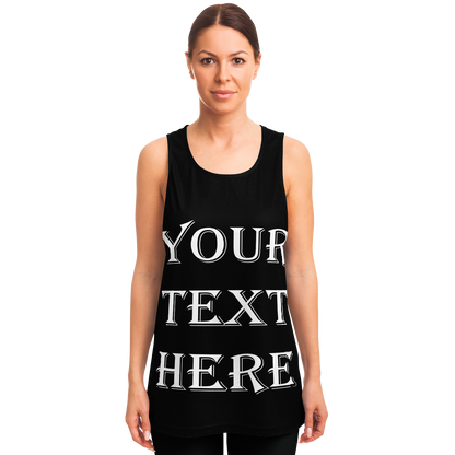 Woman wearing custom tank top with text placeholder, front-facing view