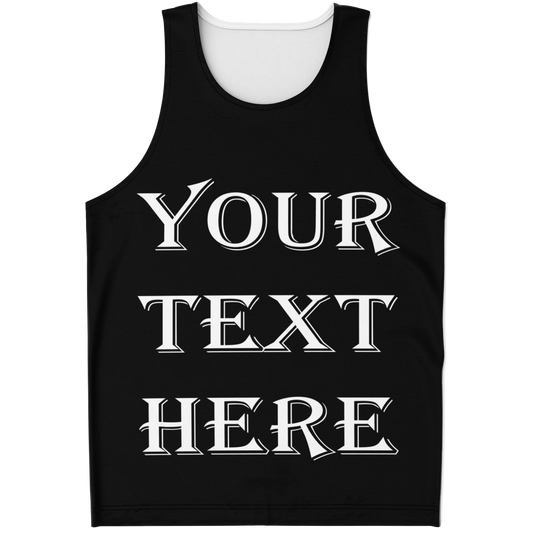 Custom tank top with editable front text, displayed flat for preview