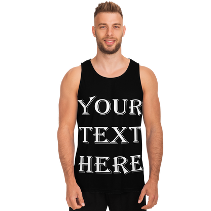Man wearing a customizable black tank top with editable front text