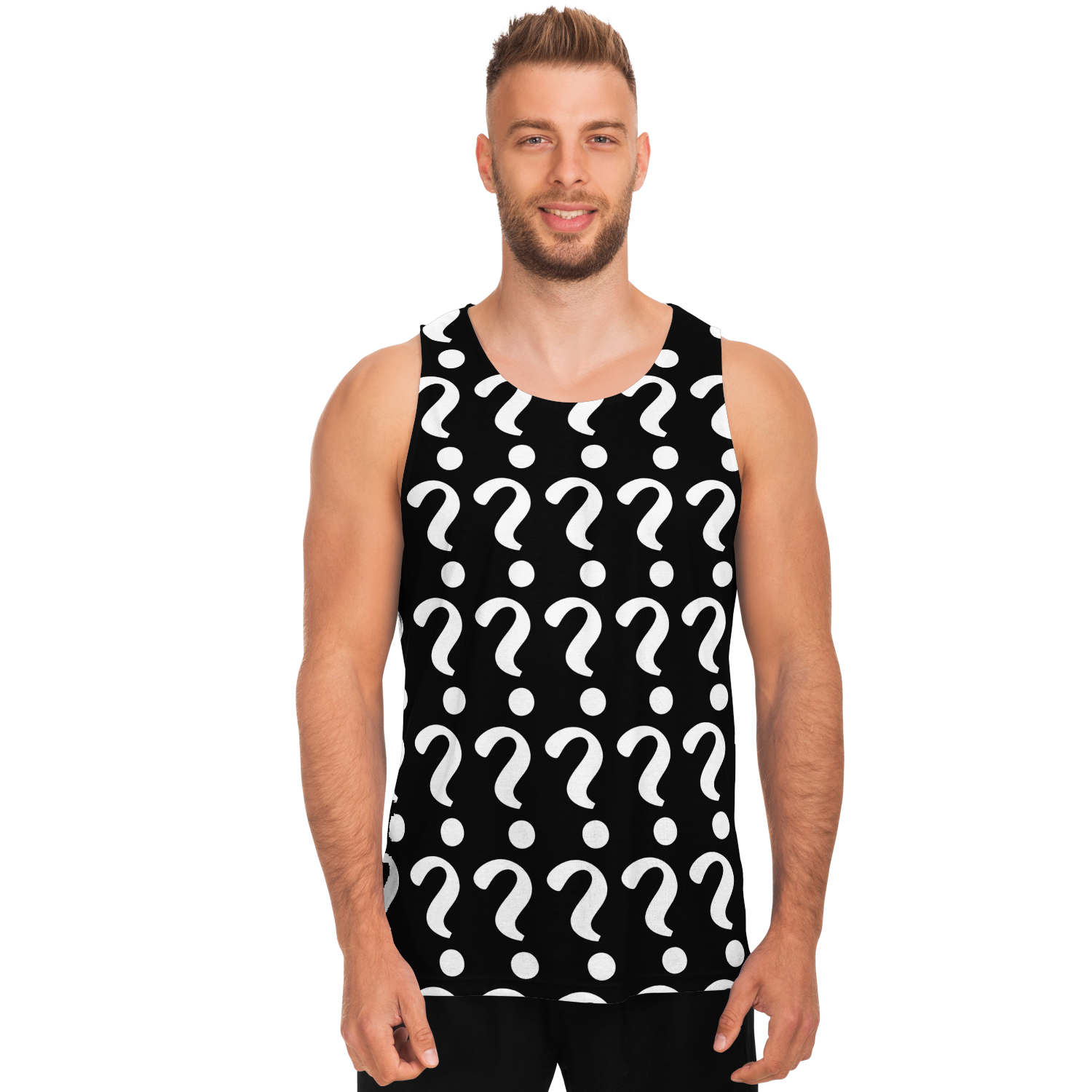 Man wearing Custom Print Tank Top, front view with black and white question mark placeholder print