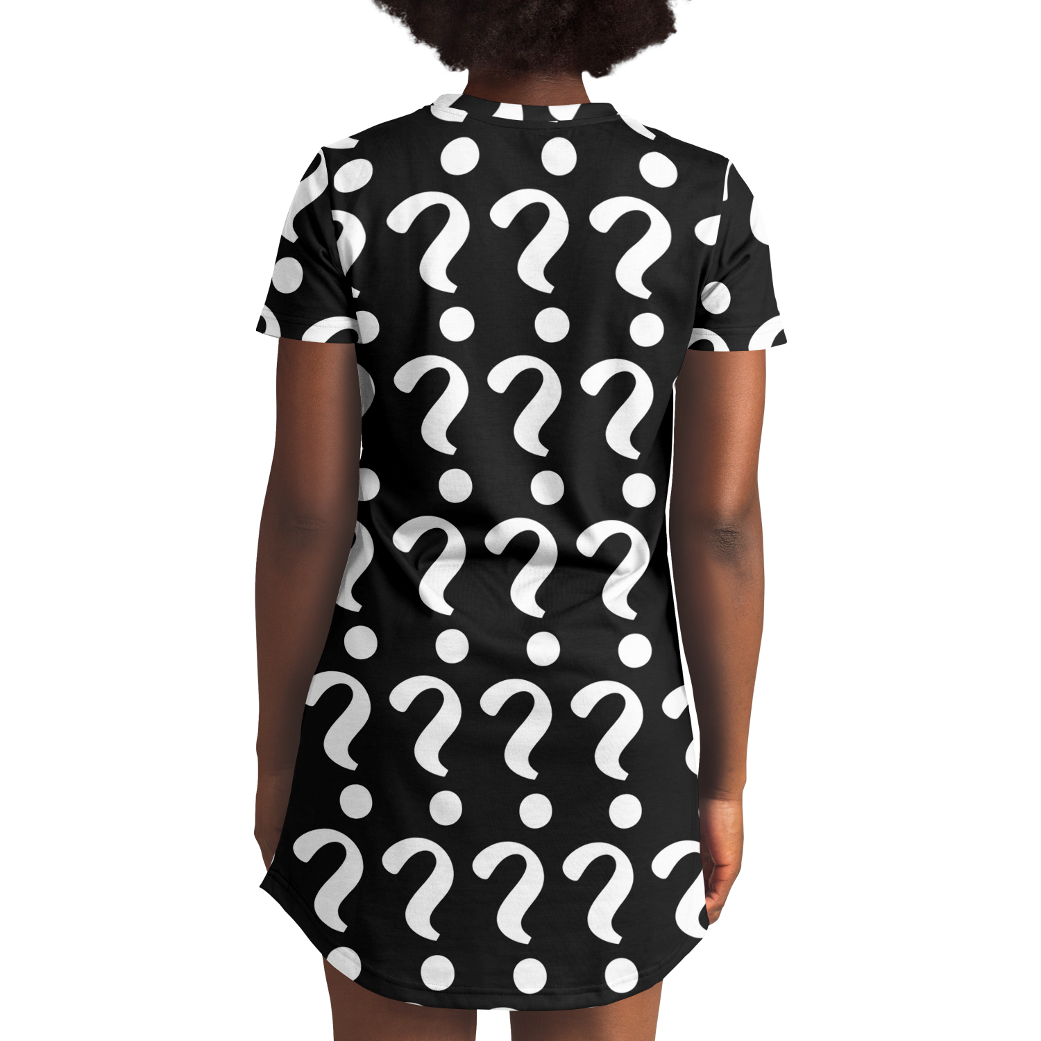 Back view of a woman wearing a custom T-shirt dress with all-over placeholder print featuring white question marks on a black background