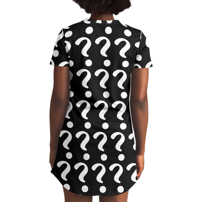 Back view of a woman wearing a custom T-shirt dress with all-over placeholder print featuring white question marks on a black background
