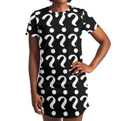 Front view of a woman wearing a custom T-shirt dress with white question marks on a black background, posing with one hand on her hip