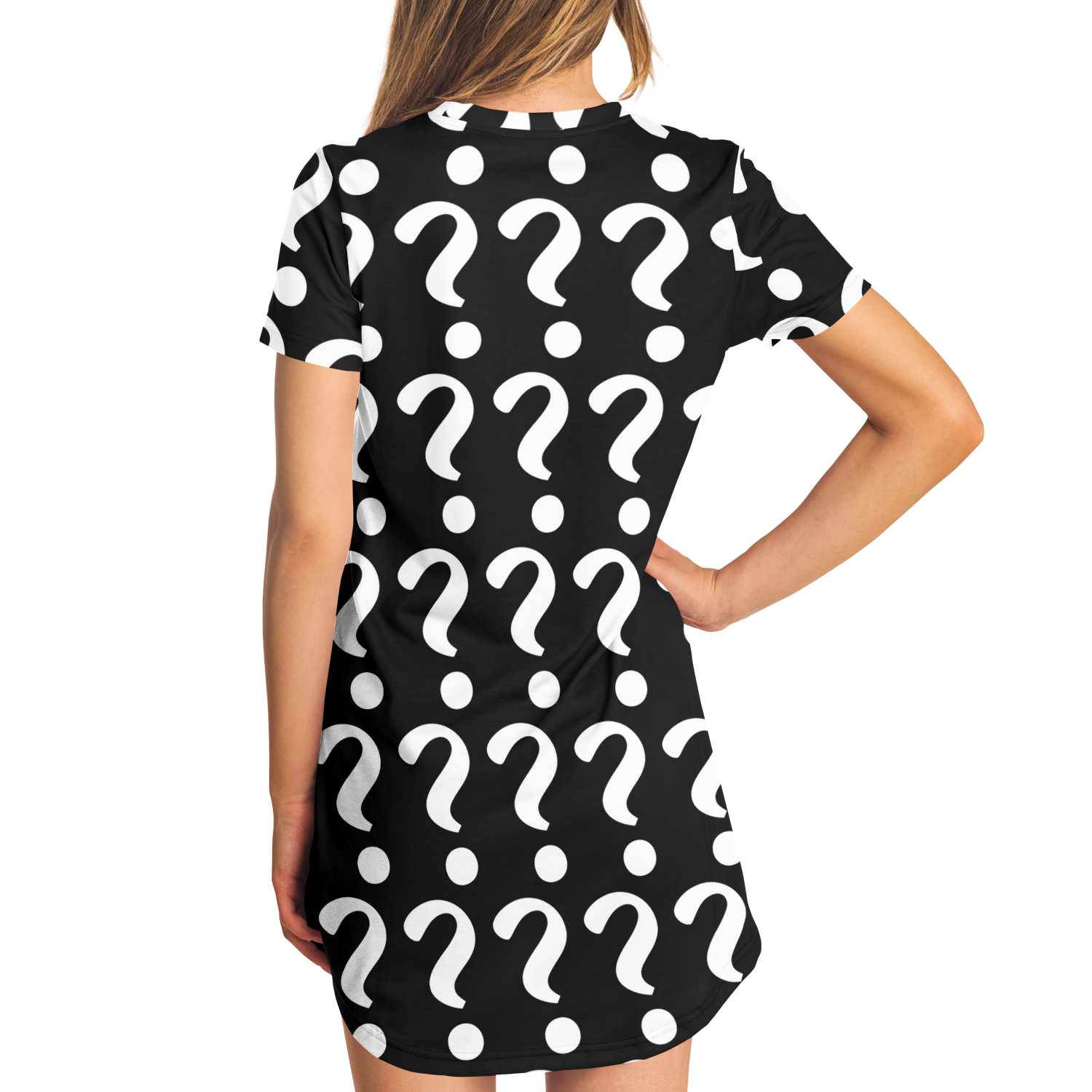 Female model showing back view of customizable T-shirt dress with question mark placeholder design