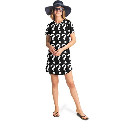Female model outdoors wearing Custom Print T-Shirt Dress with mockup design
