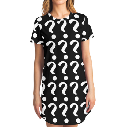 Female model wearing customizable T-shirt dress with placeholder question mark design on front