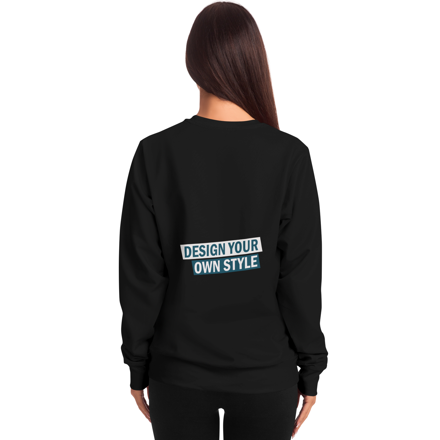 Back view of woman wearing personalized black sweatshirt with custom design print