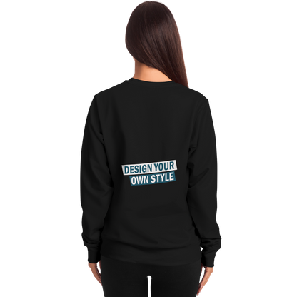 Back view of woman wearing personalized black sweatshirt with custom design print