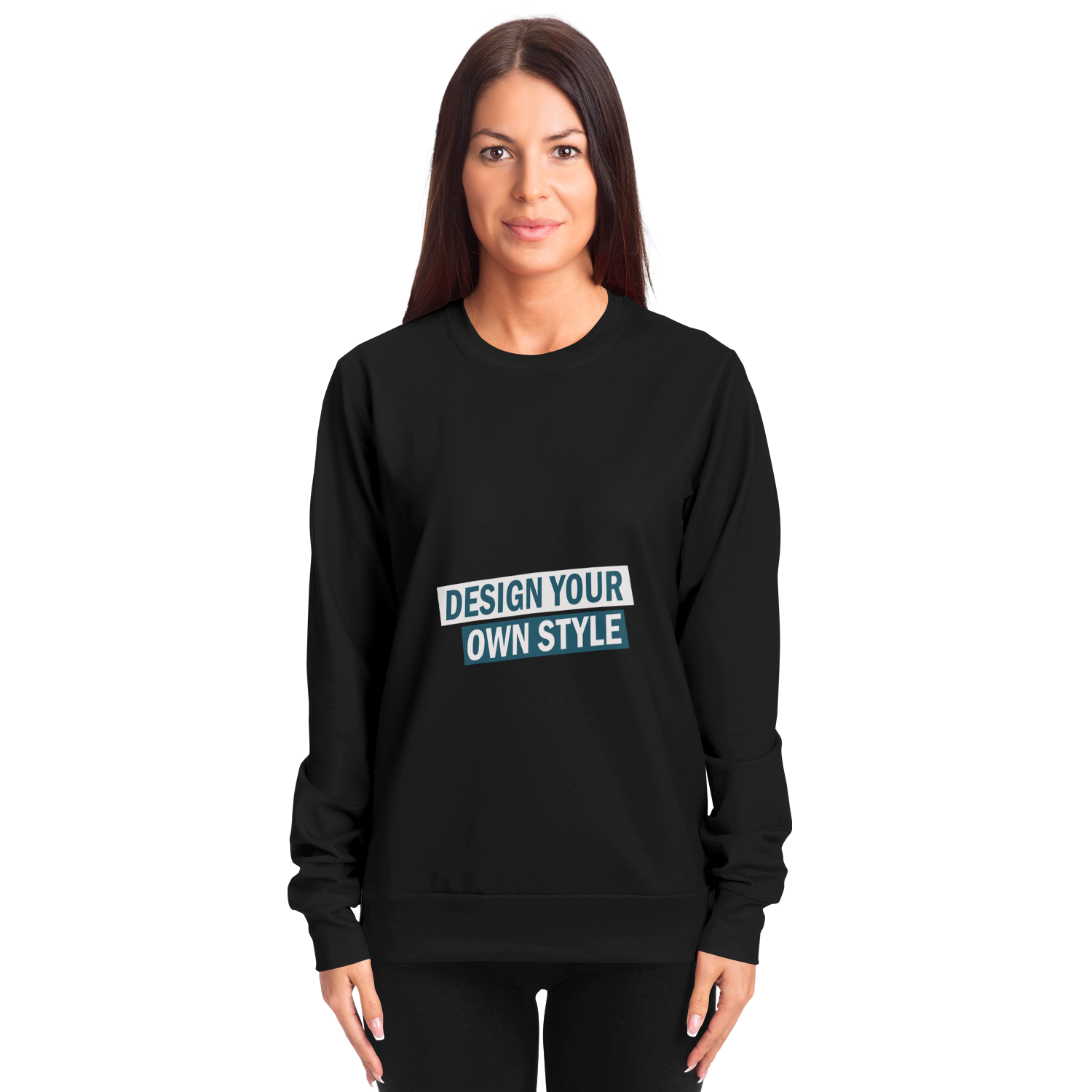 Woman wearing black custom sweatshirt with “Design Your Own Style” print, front view