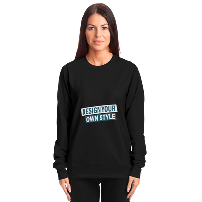 Woman wearing black custom sweatshirt with “Design Your Own Style” print, front view