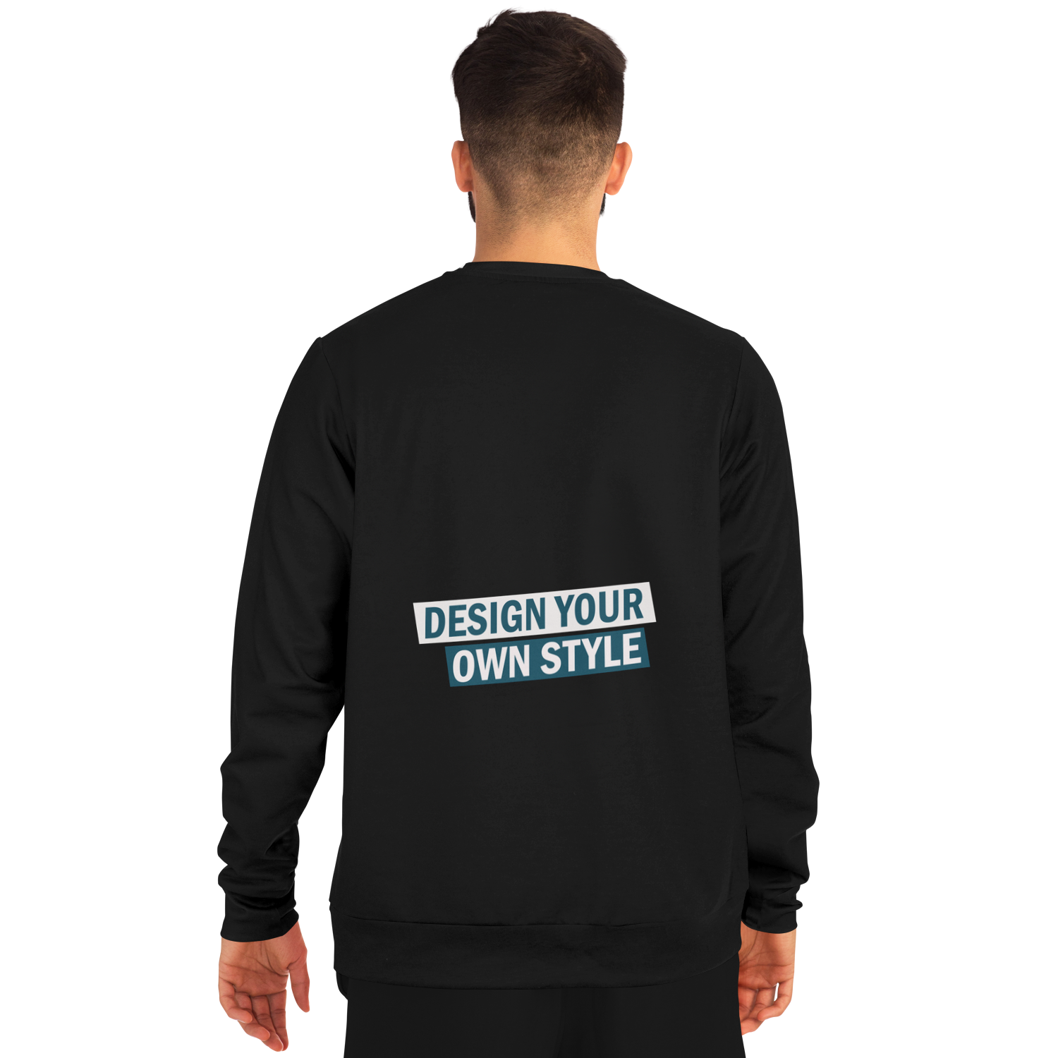 Back view of man wearing plain customizable black sweatshirt