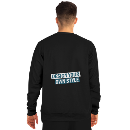 Back view of man wearing plain customizable black sweatshirt