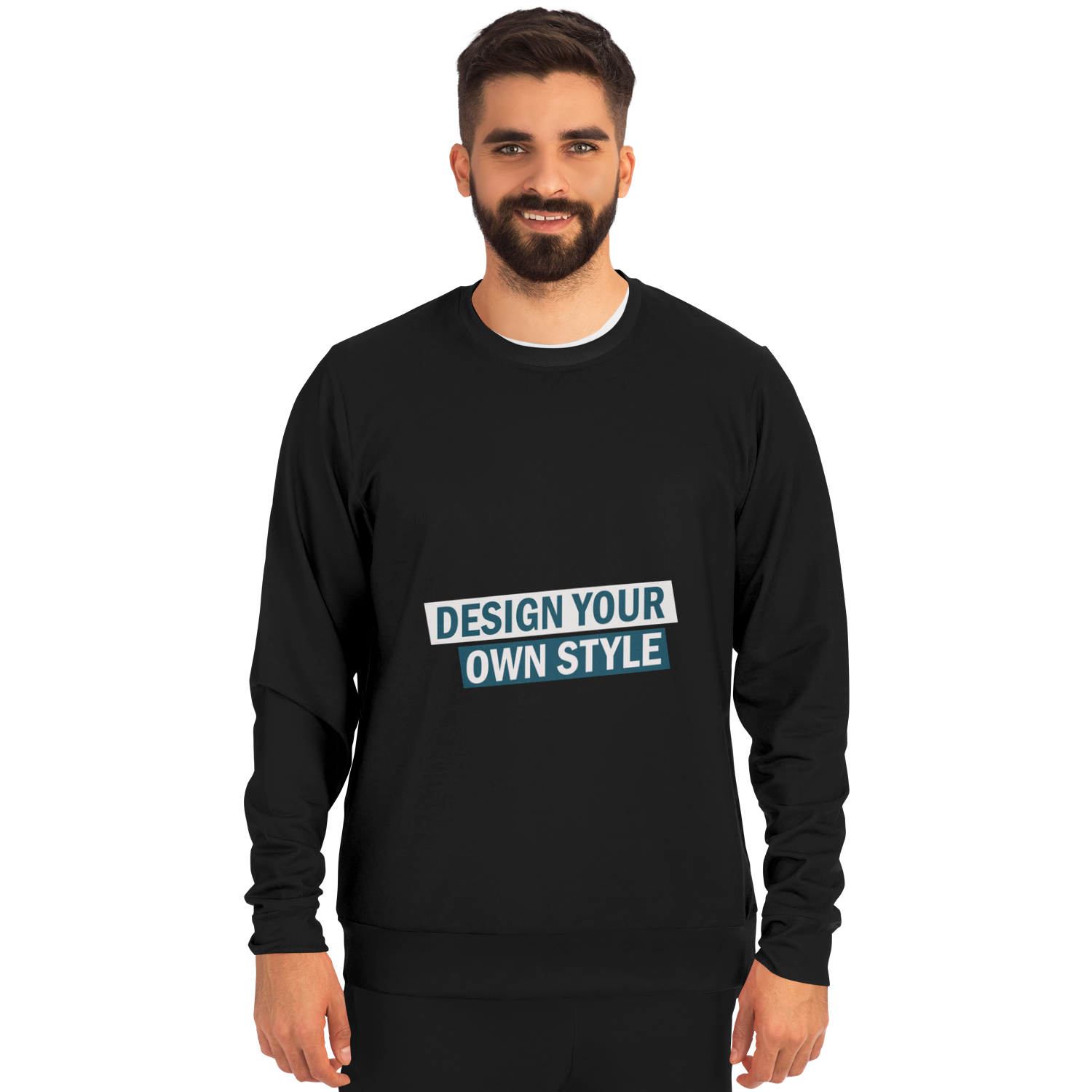 Man modeling black sweatshirt with “Design Your Own Style” custom front print