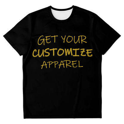  Flatlay front view of black Custom T-Shirt with placeholder “Get Your Customize Apparel” text for personalized design