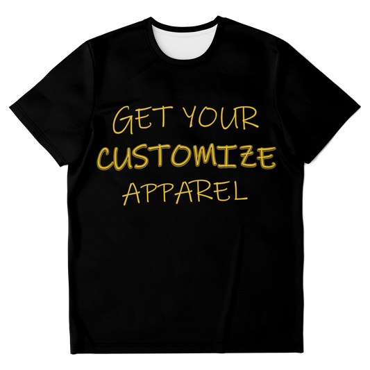  Flatlay front view of black Custom T-Shirt with placeholder “Get Your Customize Apparel” text for personalized design