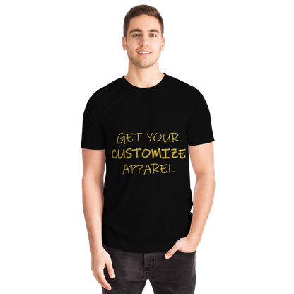 Male model in black Custom T-Shirt featuring front slogan “Get Your Customize Apparel” ready for custom input