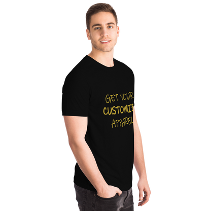 Side angle of black Custom T-Shirt on male model with editable message on chest