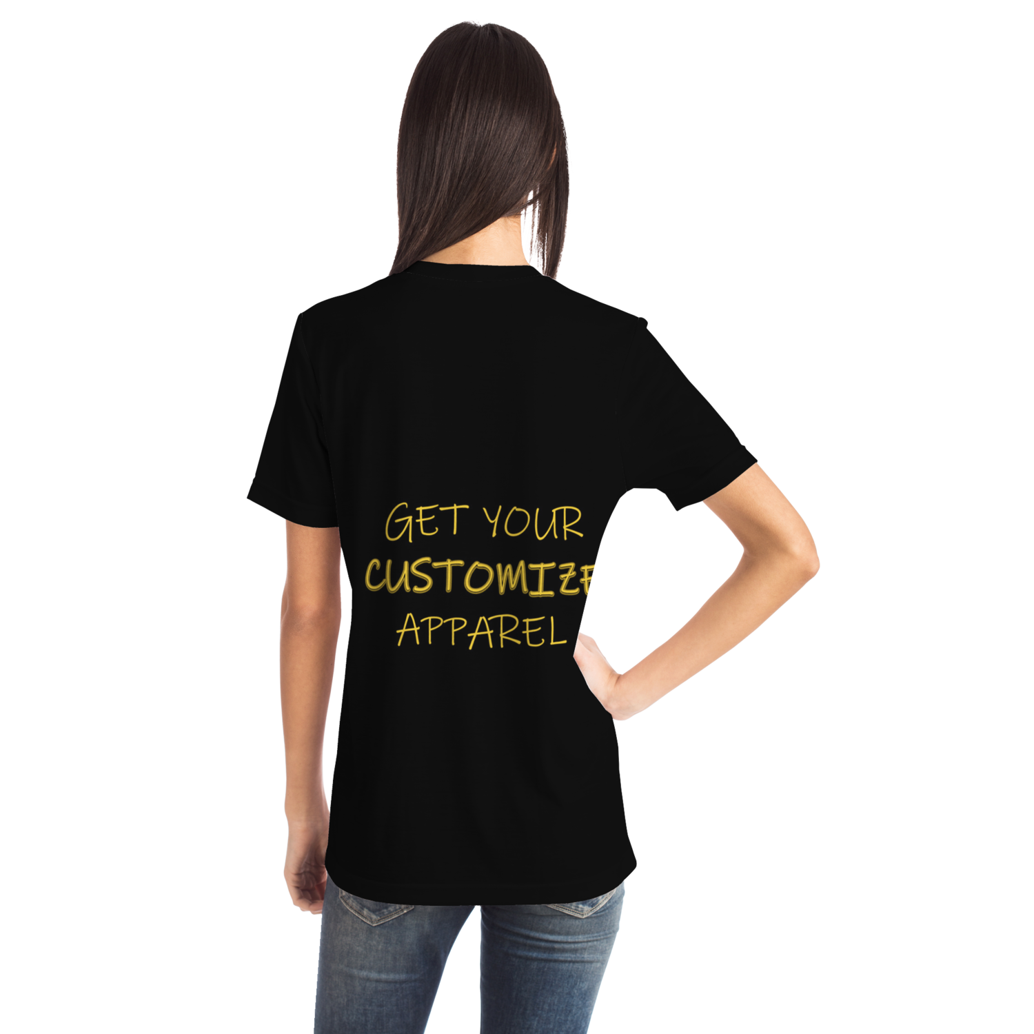 Back view of woman in Custom T-Shirt with editable slogan for user personalization