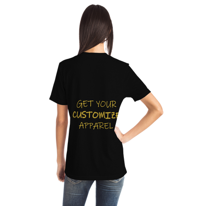Back view of woman in Custom T-Shirt with editable slogan for user personalization