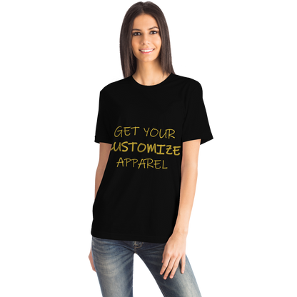 Front-facing woman modeling customizable apparel T-shirt with placeholder text