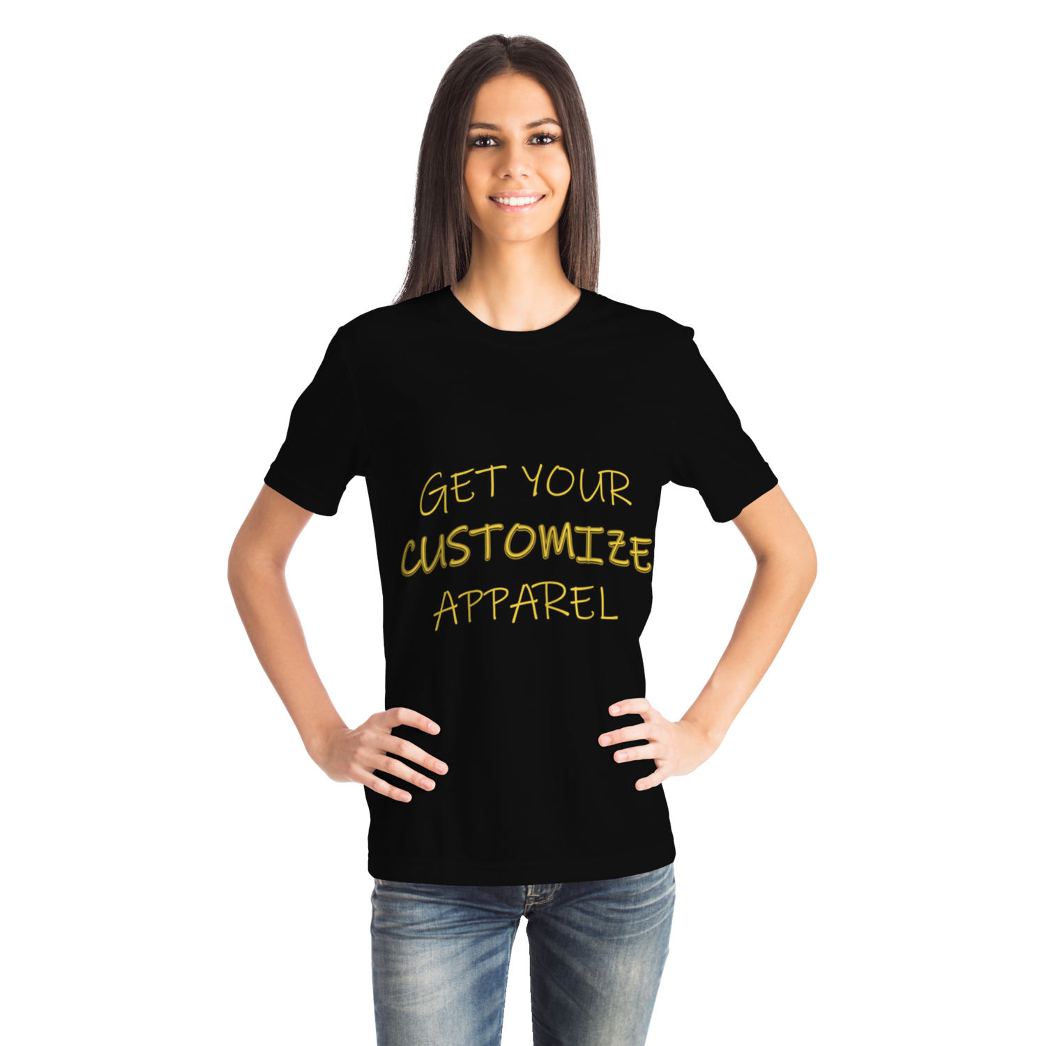  Female model wearing customizable black T-shirt with yellow text, front view with hand on hip