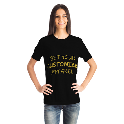  Female model wearing customizable black T-shirt with yellow text, front view with hand on hip