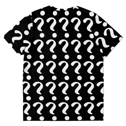 Flatlay back view of Custom Vision Unisex T-Shirt featuring customizable layout with question mark graphics