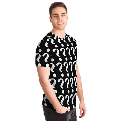 Angled front-side view of Custom Vision Unisex T-Shirt worn by male model with question mark placeholders