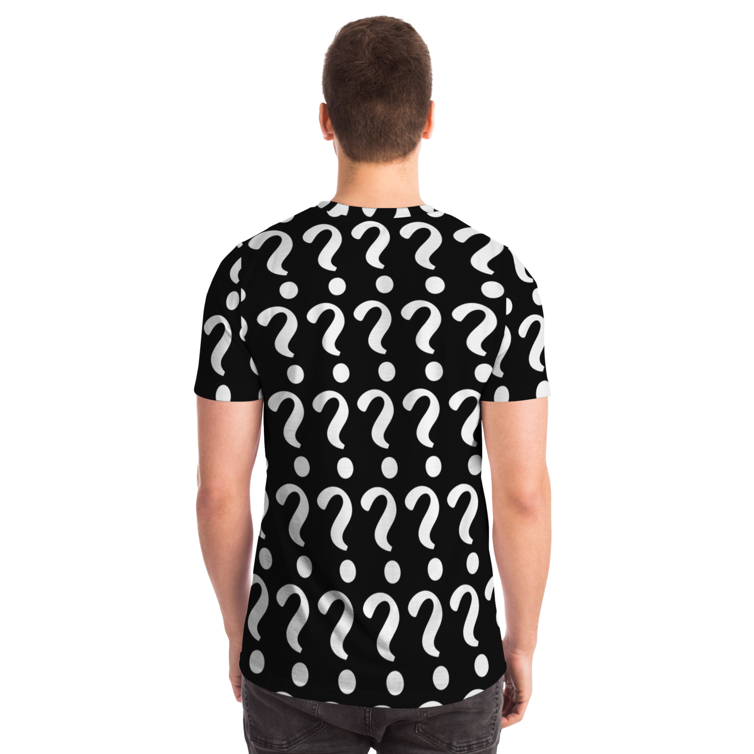  Back view of man wearing Custom Vision Unisex T-Shirt with repeat question mark template