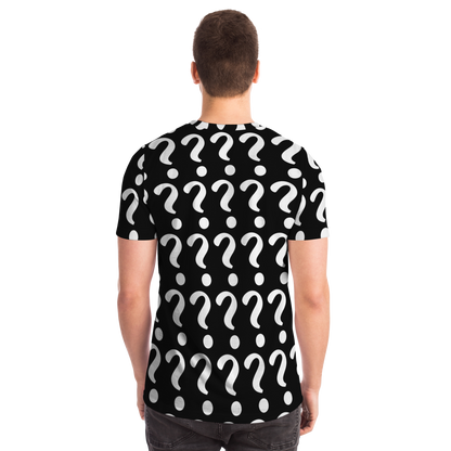  Back view of man wearing Custom Vision Unisex T-Shirt with repeat question mark template