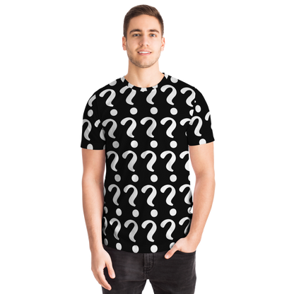  Man wearing Custom Vision Unisex T-Shirt, front view with question mark print for personalization