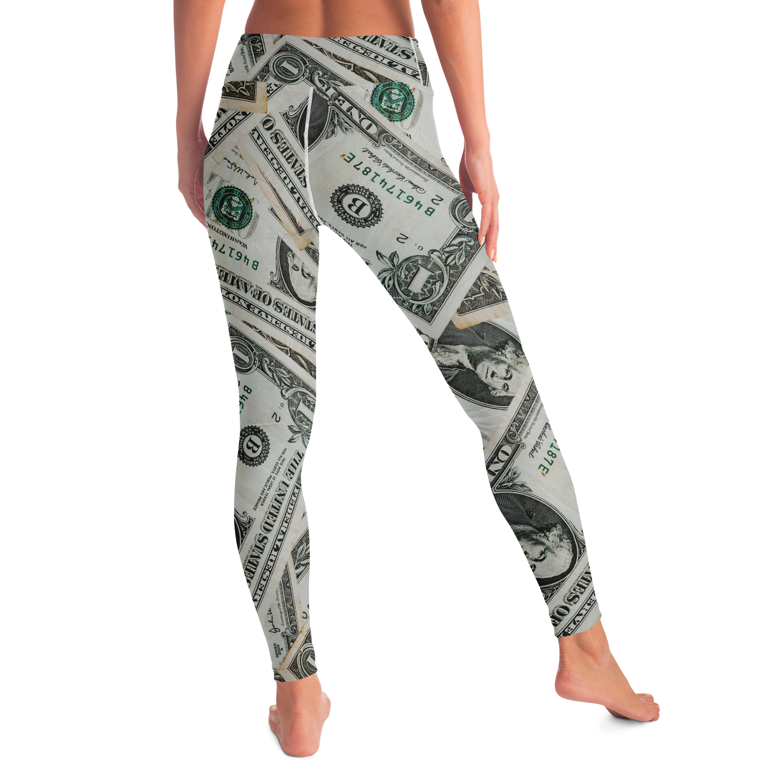 Dollar Mood Leggings – Model pose showing bold and edgy fashion with dollar design