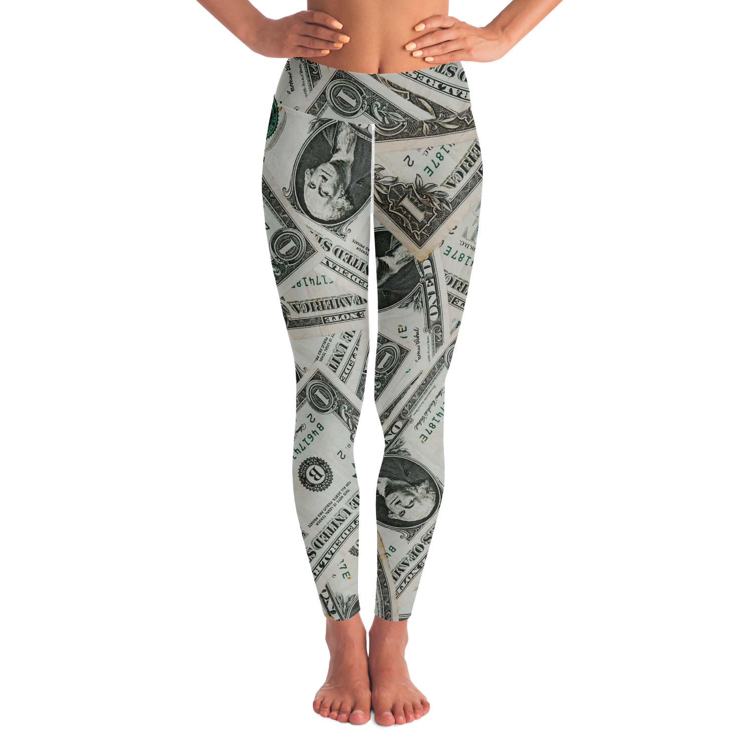Dollar Mood Leggings – Front view featuring an all-over money print for statement style