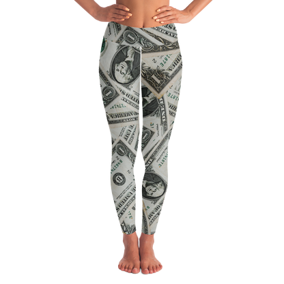 Dollar Mood Leggings – Front view featuring an all-over money print for statement style