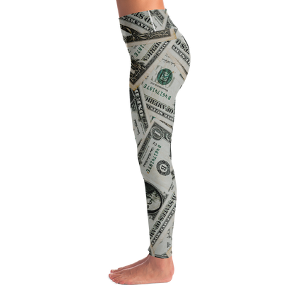  Dollar Mood Leggings – Left side profile showing seamless money-themed artwork
