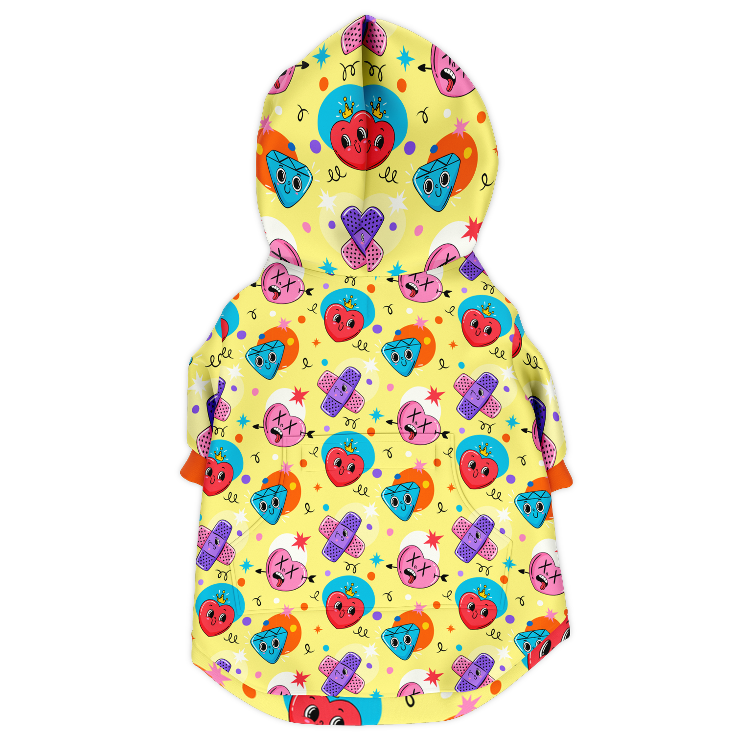 Back view of emoji print dog hoodie with colorful emoji pattern