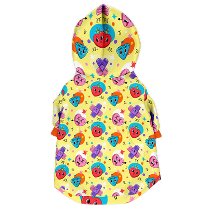 Back view of emoji print dog hoodie with colorful emoji pattern