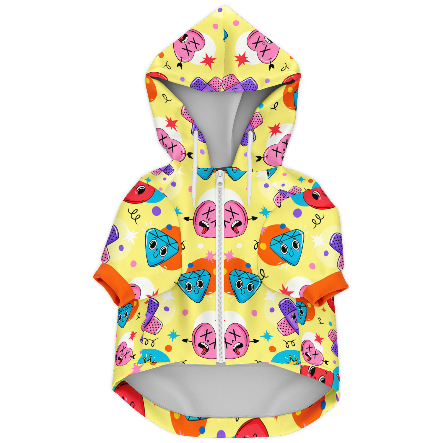 Front flat lay of emoji print dog hoodie with zipper and hood